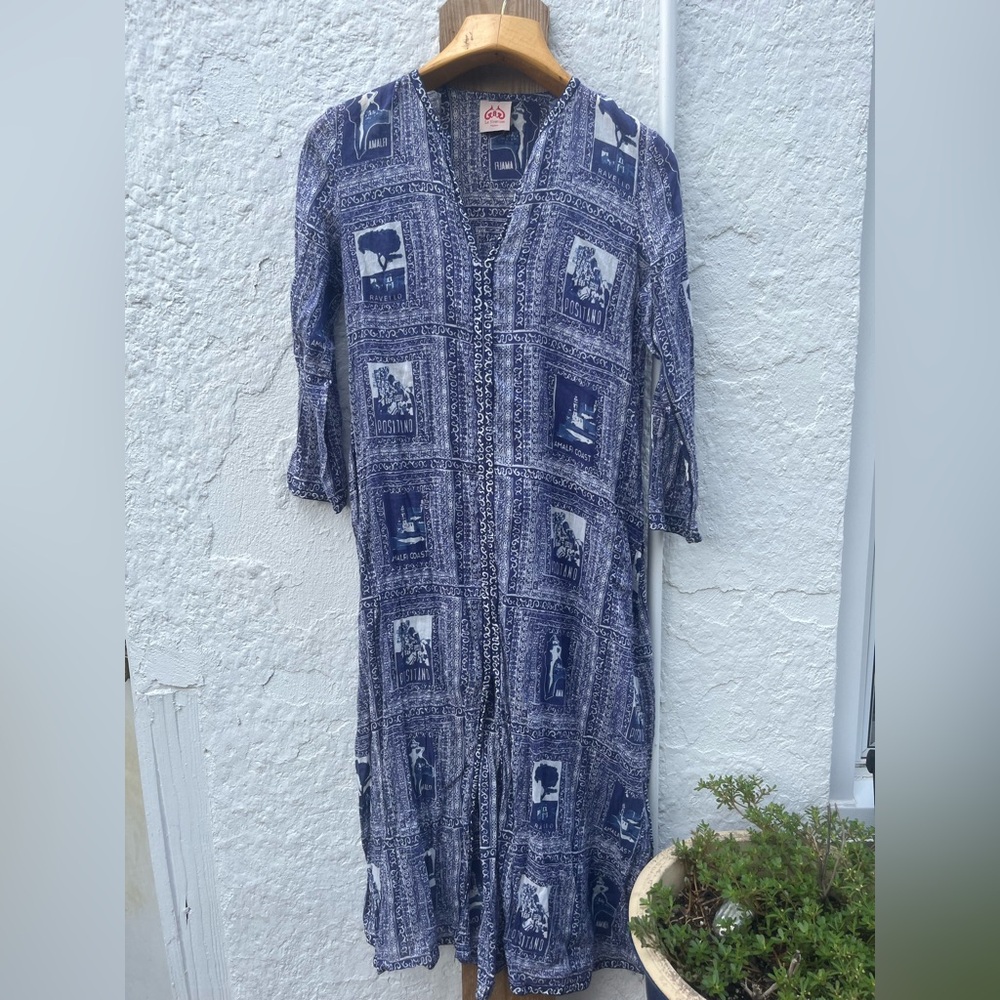 Emporio Sirenuse Blue and White Positano 100% Cotton V-Neck Bishop Sleeve Caftan